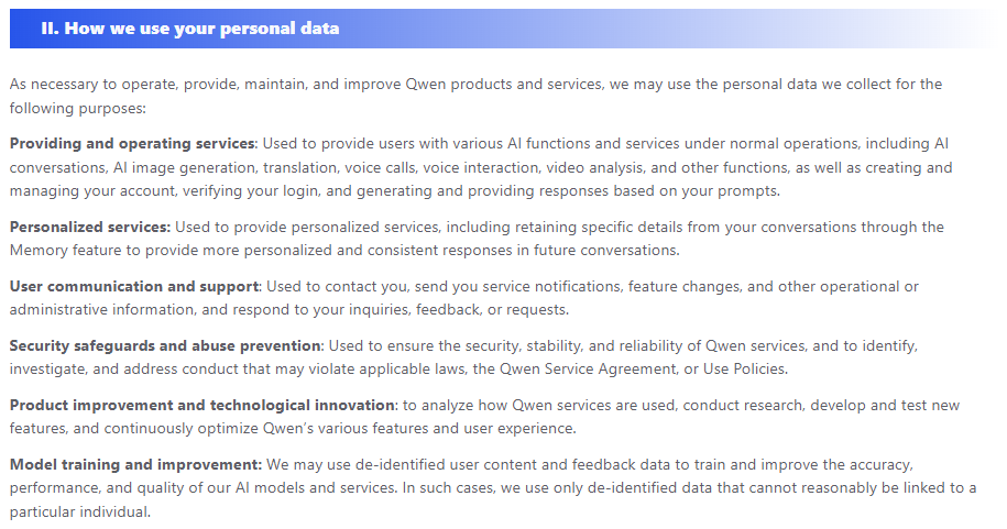 Qwen Privacy Policy explaining personal data use, Memory, and model training with de-identified content