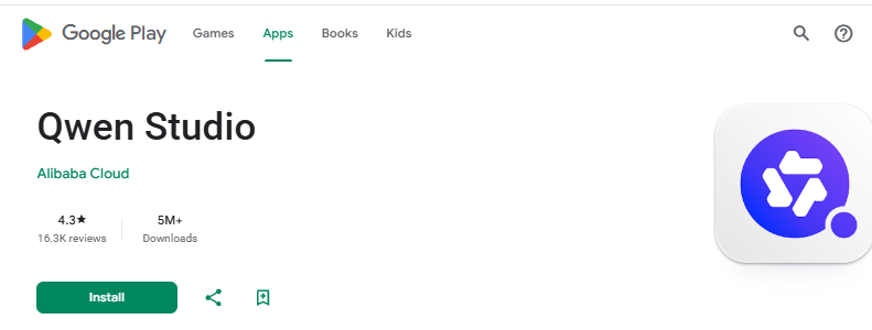 Google Play listing for Qwen Studio showing its icon, Install button, and Alibaba Cloud as the publisher