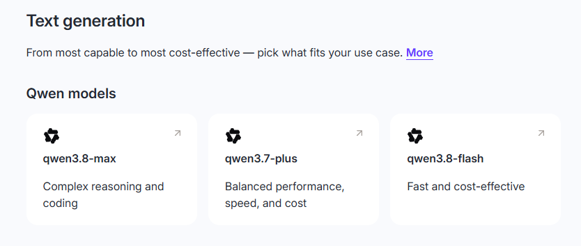 QwenCloud model selection showing qwen3.8-max, qwen3.7-plus, and qwen3.8-flash